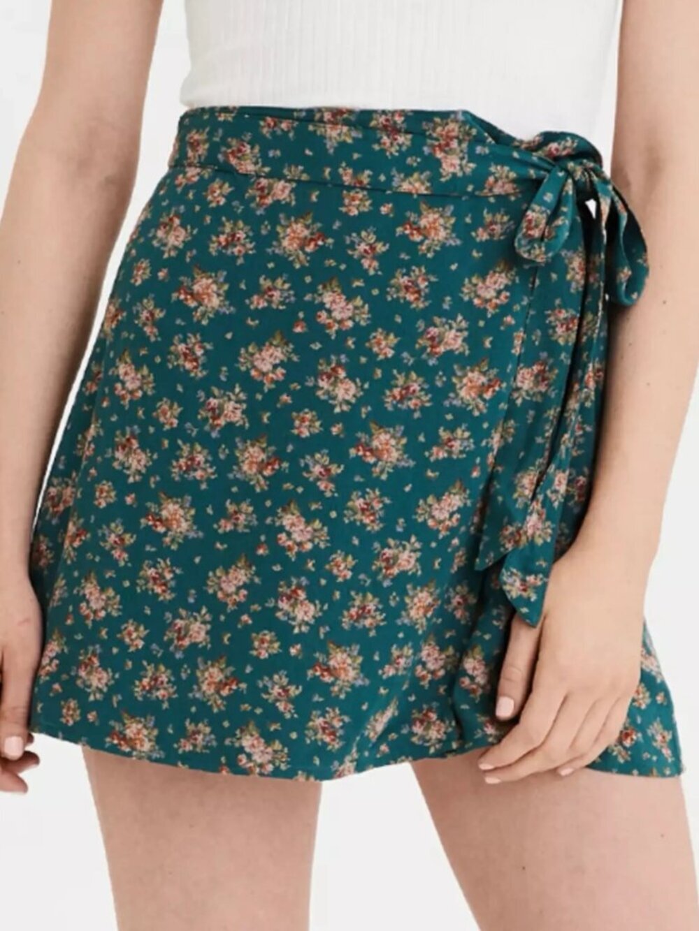 American Eagle floral green mini wrap skirt  coquette romantic size L